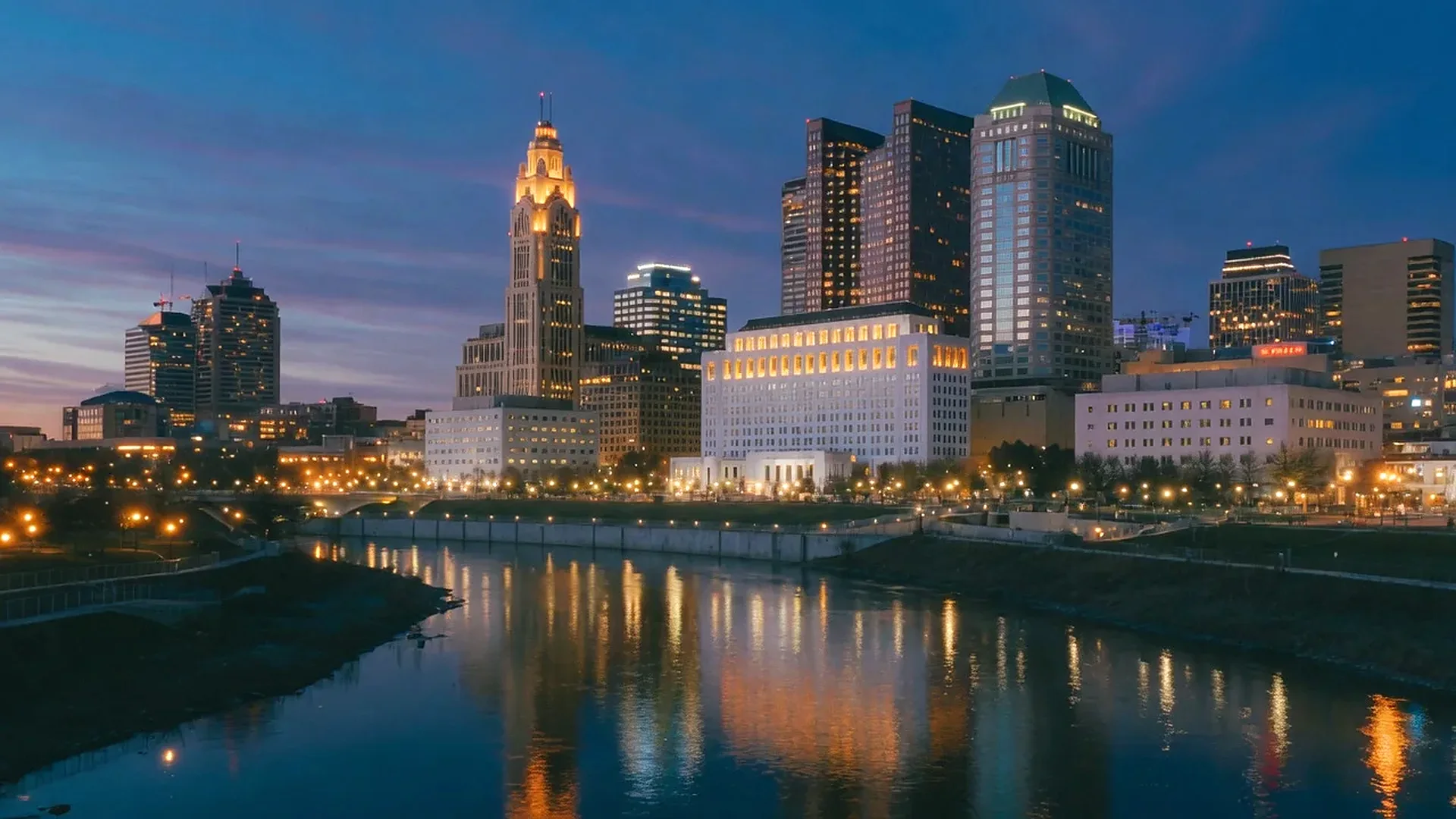 Columbus, Ohio skyline at night across the Scioto River